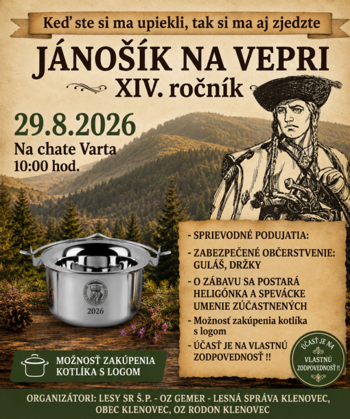 Plagát XIV. ročníka podujatia Jánošík na Vepri, 29. augusta 2026 na chate Varta pod Klenovským Veprom