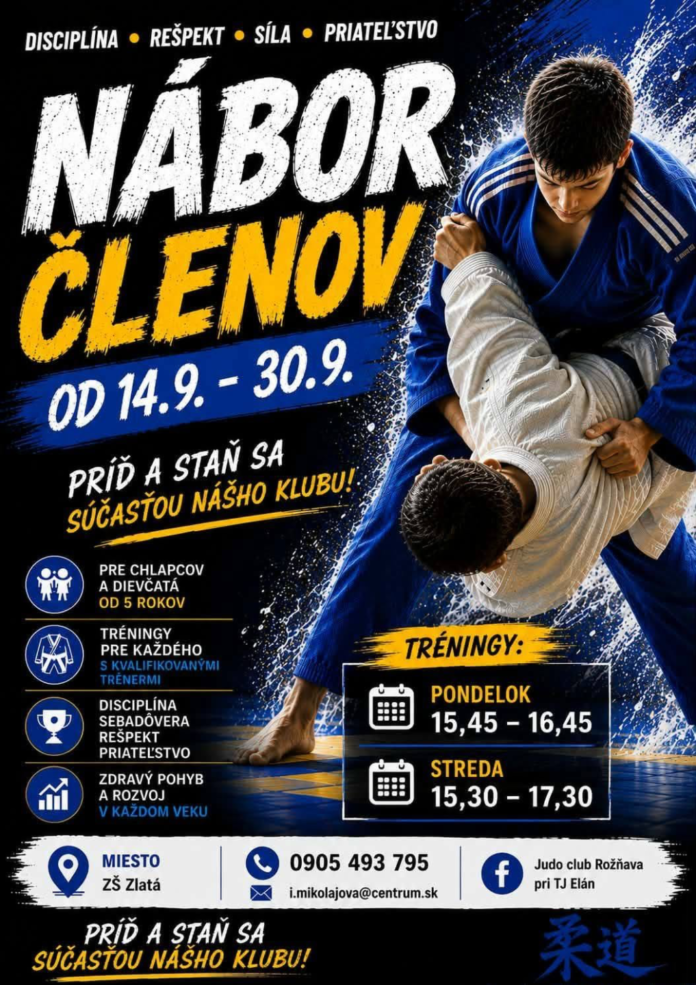 Náborový plagát Judo clubu Rožňava pri TJ Elán s dvoma judistami v kimonách a s termínmi tréningov
