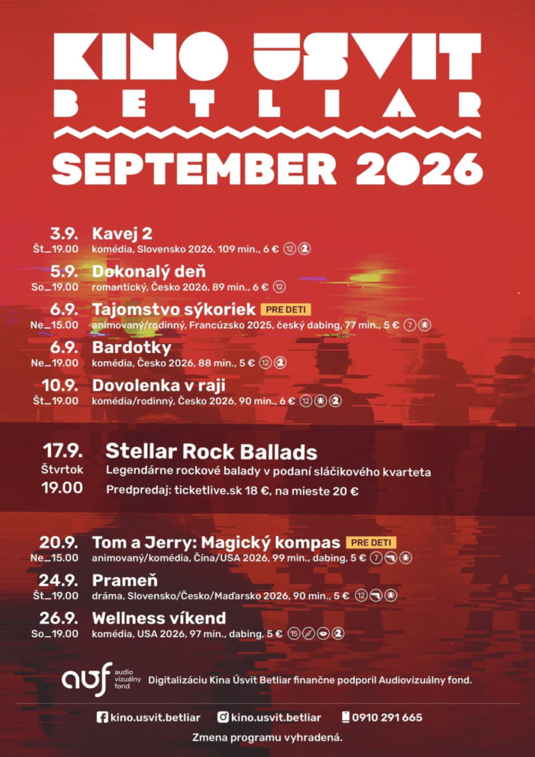 Plagát s programom Kina Úsvit Betliar na september 2026 so zoznamom filmov, časov a vstupného